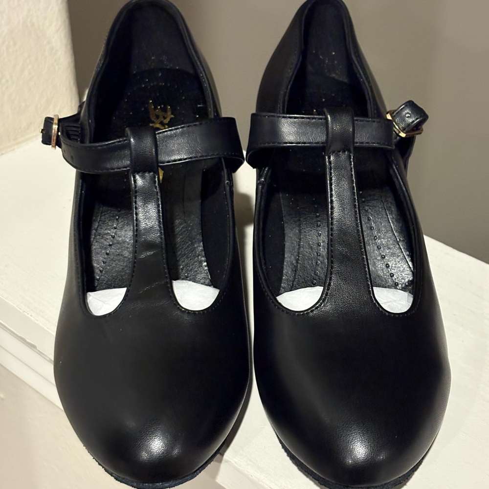 Bokimd T-Strap Latin Salsa Ballroom Dance Heels LEATHER BLACK Womens Size 7 - Picture 6 of 8